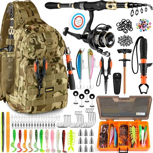PLUSINNO Fishing Backpack with Rod & Reel Combos, Fishing Gear Kit - color: Khaki Camo Backpack With Rod and Reel Combo