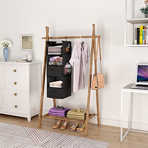 MAX Houser 5-Shelf Hanging Closet Organizer with 2 Drawers, Black-D2 | Foldable Fabric Hanging Shelves for Closet, Cloth Hanging Shelves with 2 sturdy hanging hooks, Small Space Saver - color: Black-d2