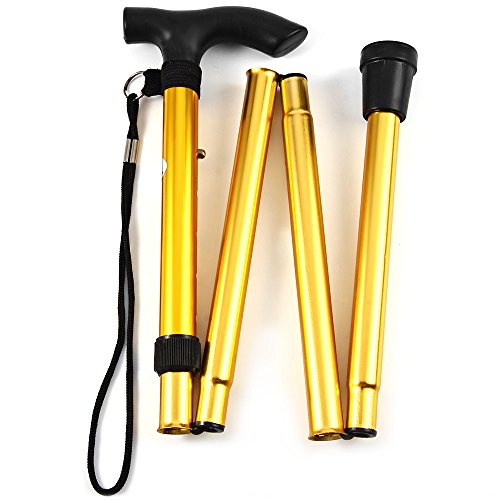 Folding Lightweight Walking Stick - Adjustable Aluminum Metal Collapsible Travel Cane with Non-Slip Rubber Base - color: Golden