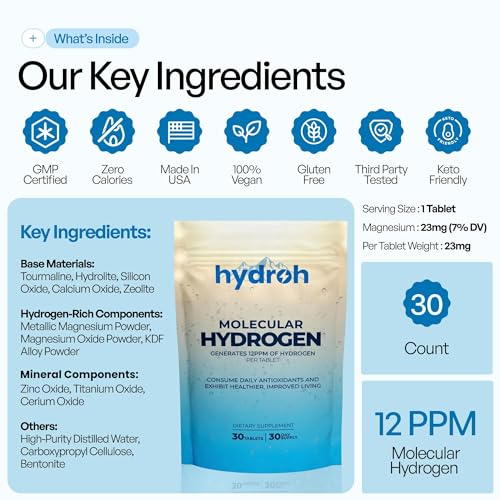 Hydrogen Water Tablets, Molecular Hydrogen Tablets for Drinking Water, Quick-Dissolving Unflavored H2 Tabs, Up to 12 PPM Hydrogen, No Equipment Needed (30-Day Supply)
