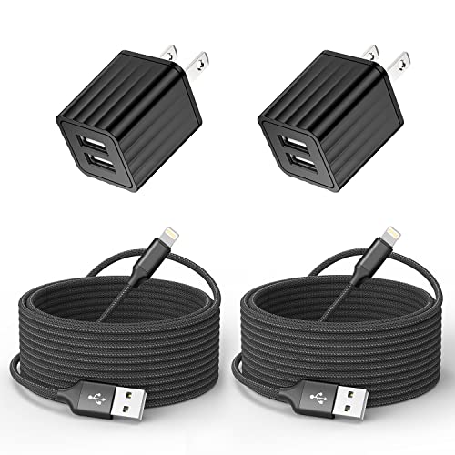 iPhone Charger 10ft,Fast iPhone Block Dual 2Port USB Wall Charge Block Plug | Adapter Plug 2Pack & Long 10foot Fast Charging Nylon Braided Lightning Cable Cord for iPhone 14/13/12/11/XS/XR/8 Plus/SE iPad - color: Black 10FT A-L