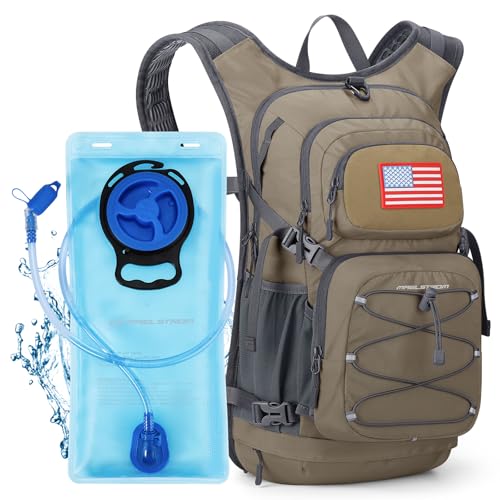 Maelstrom Lightweight Hydration Hiking Backpack with 2L/3L Water Bladder | BPA-free, High Flow Bite, Insulated Compartment, Reflective Strip, Utility Pockets, Perfect for Running, Cycling, Marathon - color: 4.Khaki, size: 3L Bladder