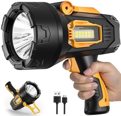 MIXILIN Rechargeable Spotlight 2,000,000 Lumens, Super Bright LED Spotlight Flashlight Outdoor with COB Light & Foldable Tripod, Long Lasting Large Handheld Spot Light for Boating Camping