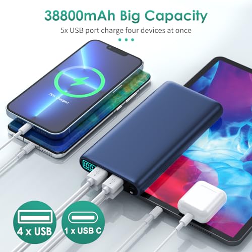 Portable Charger 38800mAh Power Bank with 5 Outputs & 2 Inputs,PD USB C In&Out Fast Phone Charging External Battery Pack Backup,Travel Essential Outdoor for iPhone 17/16,Android Samsung Galaxy-Navy - color: B-Navy