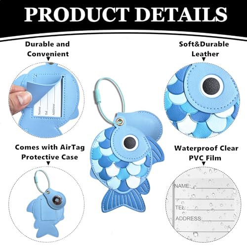 PU Leather Luggage Tag with Airtag Holder Case Set and Name ID Label - color: Blue Fish