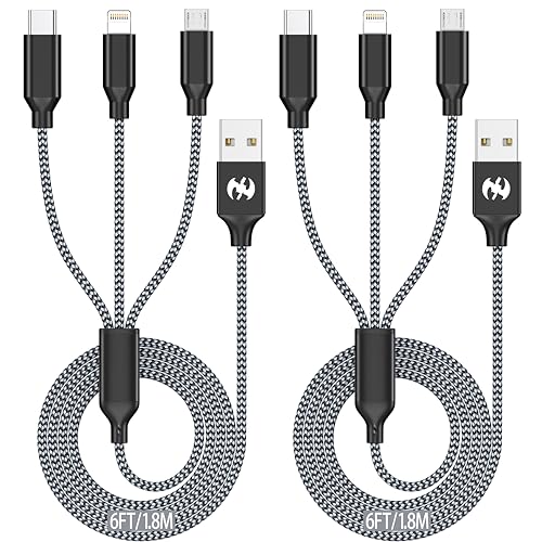 Multi Charging Cable 6ft 2Pack 3 in 1 Charger Cord, Multiple Rapid Cable | Nylon Braided Cable USB Charging Cable Multi Phone Charger Cord with Type C Micro Lightning for Apple iPhone17-5 Cell Phones - color: Black/Grey-6ft
