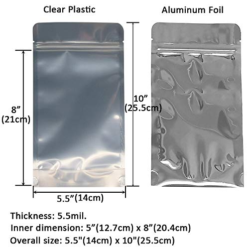 100 Pack 5.5 x 10 Inch Stand Up Pouch Bags Zipper Mylar Bags Clear Front with Aluminum Foil Back Reusable Food Storage Bag for Multipurpose with Gusset Bottom(5.5mil Thickness) | Clear Front with Aluminum Foil Back Reusable Food Storage Bag for Multipurpo