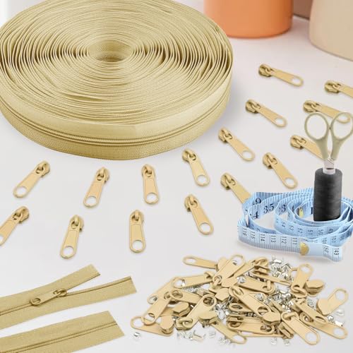 DOITEM 12 Yards Nylon Coil Zipper by The Yards, #3 Bulk Zippers for DIY Sewing Craft Bags with Replacement 25PCS Sliders (Beige, #3) - color: Beige, size: #3