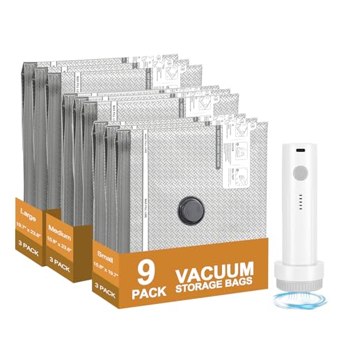 Vacuum Storage Bags for Travel with Cordless Pump, 9-Pack, 3 Sizes | Space Saver Bags for Clothes, 5000Pa Suction, 80% Space Saving in 10 Seconds, 2000mAh Rechargeable Battery - size: 9 Combo Travel Set