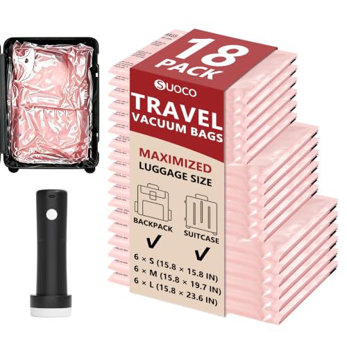Travel Vacuum Bags for Clothing with Cordless Pump 18 Combo, Pink - color: Pink, size: 18 Combo