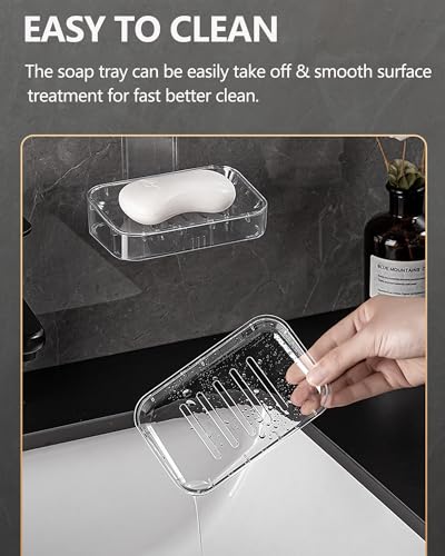 Soap Dish - Clear Suction Cup Soap Dish for Shower with Strong Suction & Reusable Adhesive NO-Drilling Self Draining Removable Waterproof Soap Sponge Holder for Shower Bathroom Bathtub Kitchen