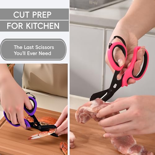 MEUUT All Purpose Scissors 2 PCS with Carabiner for Kitchen Outdoor - color: Pink+purple