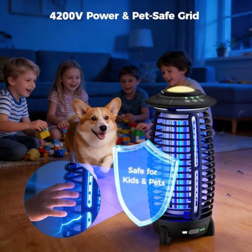 Bug Zapper Outdoor,4 in 1 Cordless Mosquito Zapper, Rechargeable 4000mAh Battery with Auto/SOS Mode, Waterproof Electric Fly Trap,Easy to Clean Portable Night Light for Patio,Backyard,Camping, Home