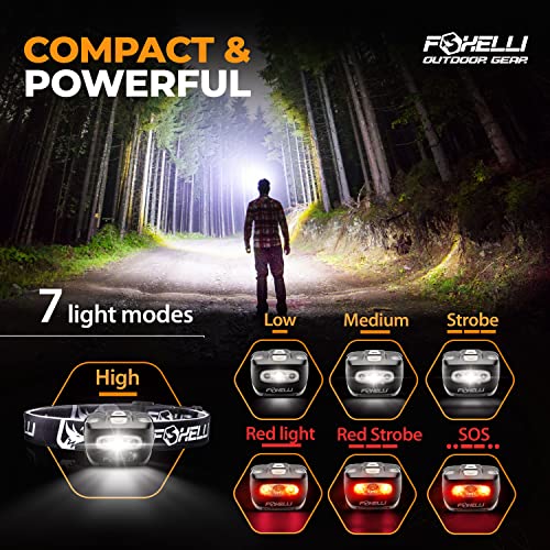 Foxelli LED Headlamp Flashlight for Adults & Kids, Running, Camping, Hiking Head Lamp with White & Red Light, Comfortable Headband, Lightweight & Waterproof, 3 AAA Batteries - color: Neon Yellow