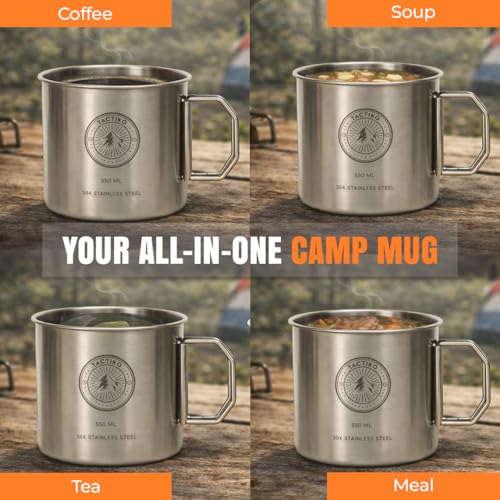 Tactiko 304 Stainless Steel Camping Mugs with Carabiners | Heavy-Duty | Large Metal Coffee Cup or Solo Cook Pot w/ Folding Handle | Backpacking Gear for Hiking, Overlanding & Survival | 18 oz/550ml