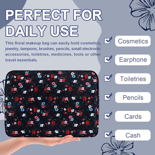 UIXIZQ Waterproof Large Floral Makeup Pouch,Nylon Travel Toiletry Storage Purse Preppy Cosmetic Bag for Women Girl,Large Capacity Makeup Organizer Zipper Pouch for Work(L Black-Flowers) - color: Black-Flowers, size: Large