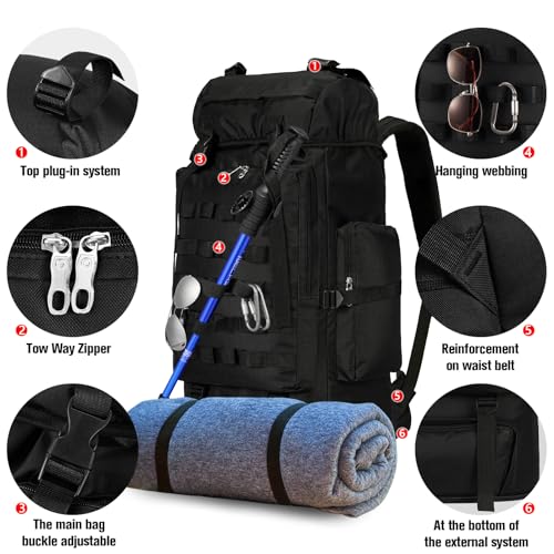 70L/100L Large Camping Hiking Backpack with Rain Cover, Waterproof Molle Rucksack Military Tactical Backpack, Lightweight Backpacking Daypack for Trekking Climbing Outdoor