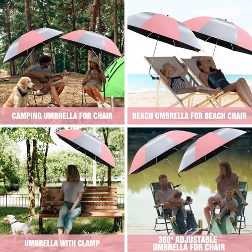 2 Pack Beach Umbrella with 360 Universal Clamp, UPF50+ Umbrella Outdoor Patio Sun Protection for Chairs, Beach &Patio Use (Not Include Chair) - color: Pink/Silvery