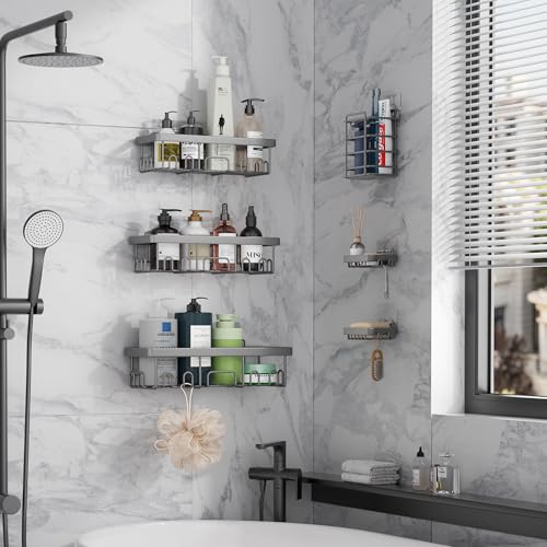 Veken 6-Pack Rustproof & Waterproof Shower Caddy, Adhesive Shelves Rack, Large Capacity Bathroom, College Dorm & Apartment Organizers, No-Drill Wall Mount Living Room & Bedroom Decor, Light Grey - color: Light Gray