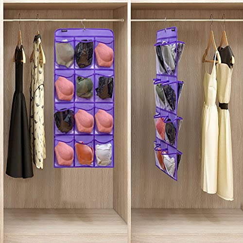 Dual Sided Hanging Shoe Organizer for Closet with Rotating Hanger Hanging Shoe Rack Holder with 24 Large Pockets (Purple-Clear Pockets) - color: PURPLE