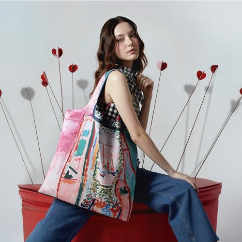Reusable Grocery Bags, Oil Painting Art Tote Bags With Carry Pouch Waterproof Shopping Bags for Travel Daily Use - style: View from the Window