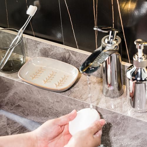 Miamolo Ceramic Soap Dish Soap Holder, Soap Lift for Bar Soap Sponge, Shower Soap Dishes for Bathroom Kitchen Counter Soap Saver Tray Keep Dry, Dishwasher Safe (Pack of 2) - color: Grey, size: Leaf Design (Pack of 2)