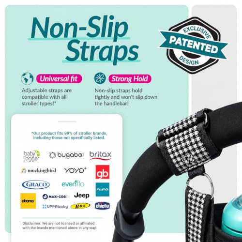 Swanoo Slip-Proof Stroller Caddy Organizer with Non-Slip Straps | Non-slip Grip Locks to any Handlebar,Cup Holder, Phone & Wipe Pockets,Fits UPPAbaby, Doona, Wonderfold. Backed for Life - color: Houndstooth