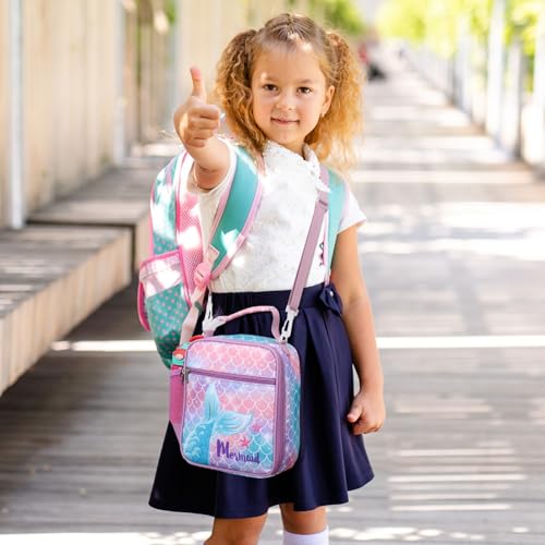 Bagseri Kids Lunch Bag with Shoulder Strap - Insulated School Lunch Box | Easy Carry Handle, Leak Proof, Water Bottle Holder, Roomy Toddler Lunch Box for Snacks, Drinks, Picnics, Trip, Purple Mermaid - color: B Purple Mermaid Tail, size: Crossbody Strap S