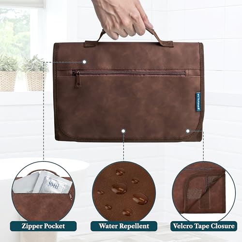 PAVILIA Hanging Toiletry Bag for Women Men Foldable Travel Organizer, Brown - color: Brown