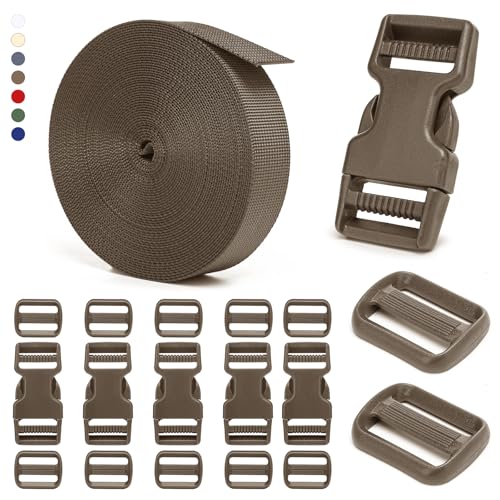 BEYOURD Buckle and Strap Set, 10 Yards Polyester Webbing Strap with 6 Dual Adjustable Side Release Plastic Buckles, 12 Pcs Tri-Glide Slider Clips for Tactical Gear (Everyday Series 1 Inch, Coyote Tan) - color: Coyote Tan