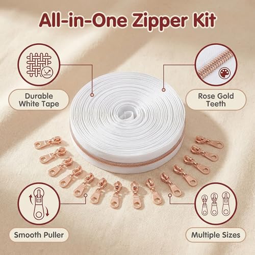 Sawoake 10 Yards Bulk Zipper(#5) Rose Gold Teeth with White Nylon Coil Zipper By The Yards,Can Replace 10PCS Sliders - color: Rose Gold-White-1