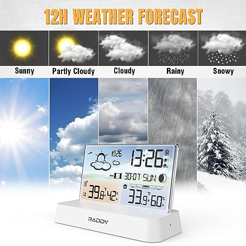 Raddy DT6 Wireless Weather Station, Atomic Clock Color Display | Indoor outdoor thermometer hygrometer, home weather forecast, barometric pressure