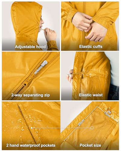33,000ft Women's Waterproof Long Rain Coats Packable Rain Jacket with Hood Trench Coats Windbreaker - color: Amber Gold, size: X-Small