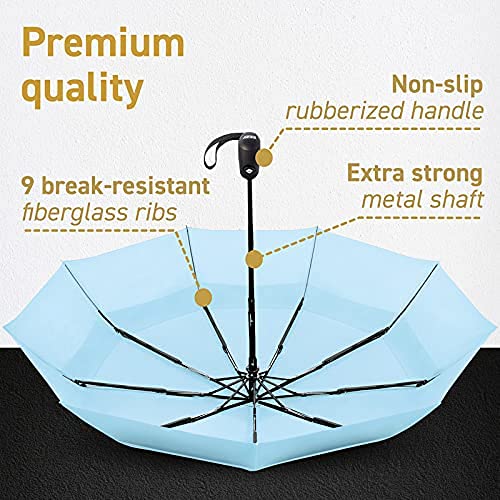 Windproof Travel Umbrella Auto Open Close, Compact 42" Folding Umbrella | Collapsible Rain Umbrella with Vented Double Canopy, Fiberglass and Steel Frame, Strong Wind Resistant - color: Light Blue