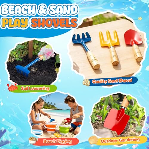 Gardening Tools Set Foldable Beach Bucket with Metal Shovels for Adults, Collapsible Pails Sand Bucket for Basket Camping Outdoor Gardening Fishing, Essential Travel Gadget 6PCS