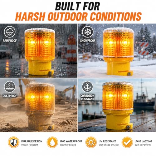 Solar Strobe Warning Light, Bright LED Safety Beacon, Auto On/Off Solar Flashing Light, IP65 Waterproof Emergency Warning Lamp for Construction, Dock, Factory, Traffic, Marine & Road Safety (Yellow) - color: Yellow