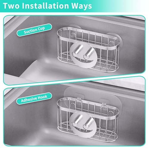 HapiRm Sink Caddy Sponge Holder - 2 Installation Ways Kitchen Sink Organizer with Smiley Face Sponge Holder, Stainless Steel Kitchen Caddy - Silver - color: Silver, size: with Smiley Sponge Holder (Large)