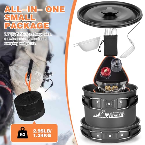 WADEO Camping Cookware Mess Kit with 7200W Camping Stove, 14PCS Non-Stick Camping Pot Pan Set with Stainless Steel Fork Knive Spoon for Camping Backpacking Hiking Outdoor Cooking and Picnic
