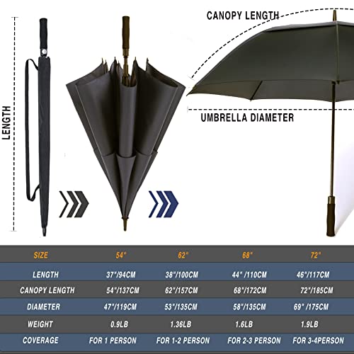 62/68/72 Inch Large Golf Umbrella Windproof Waterproof Auto Open | Oversized Double Canopy Vented, 210T Waterproof Pongee Fabric, Light Fiberglass Frame, Unique Red Foam Handle - color: Black-Red Handle, size: 62"