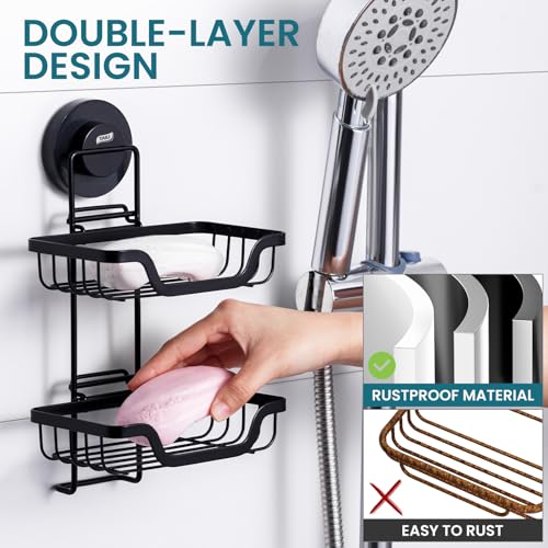 TAILI Soap Holder, Soap Dish Suction Cup with Hooks, Stainless Steel (Light Black) | Soap Dish for Shower, Bathroom Bar soap holder Shower Wall, Stainless Steel Sponge Holder for Tub Kitchen, Black - color: Light Black