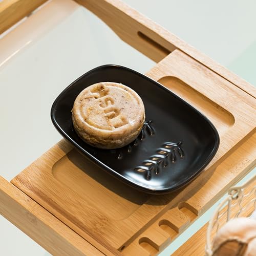 Miamolo Soap Dish for Bathroom, Bar Soap Holder for Shampoo Bars, Sponges | Raised Ridges Drain, Soap-Saving | Ceramic Soap Sver Dishwasher Safe, Fit 1-2 Large Bars | Bath Counter & Kitchen Sink, Black - color: Black, size: Leaf Design