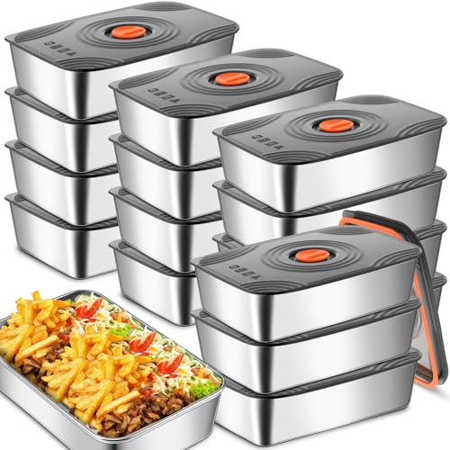 Layhit 16 Sets 60oz Stainless Steel Food Storage Containers with Lids Large Reusable Stackable Metal Container Outdoor Rectangle Fruit Lunch Box for Picnic Travel Dishwasher and Freezer Safe - size: 60oz