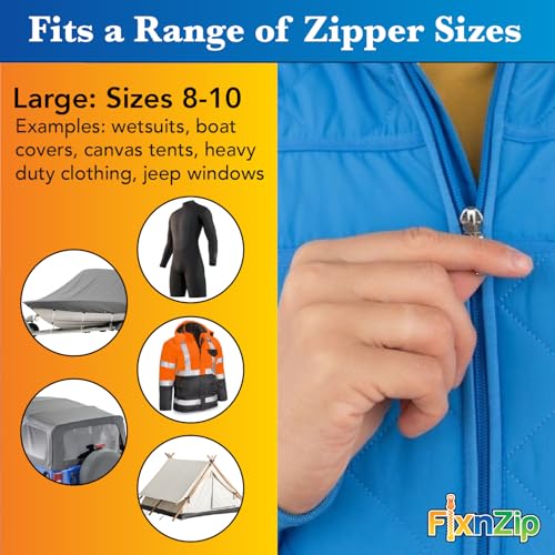 FixNZip Large Black Nickel Zipper Repair Kit | Universal No-Sew Slider Replacement for Heavy Jackets, Wetsuits, Boat Covers, and Luggage | Instant and Reusable Zipper Repair Tool | Sizes 8-10 - color: Black Nickel, size: Large