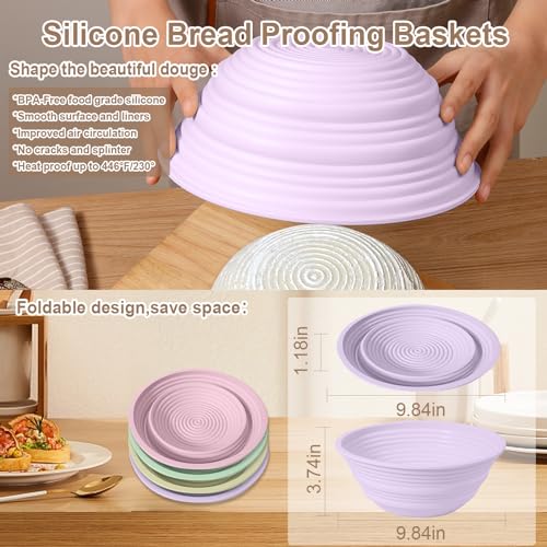 4Pcs Silicone Banneton Bread Proofing Baskets, 9" Collapsible Sourdough Bread Baking Supplies Non-Stick Round Dough Proofing Bowl Containers Oven Safe for Various Tastes Bread Making-BPA Free - size: 9" Round