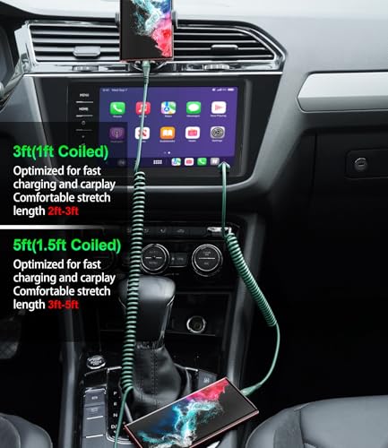 USB C Cable Fast Charging 60W 3FT/5FT, Coiled USB A to USB C Cable for Car | iPhone USB C Cable USB to Type C Charging for iPhone 17/16/15 Pro Max/Samsung Galaxy S20 S10 and More USB C Devices-Green - color: Green, size: 3FT/5FT, style: USB A to USB C