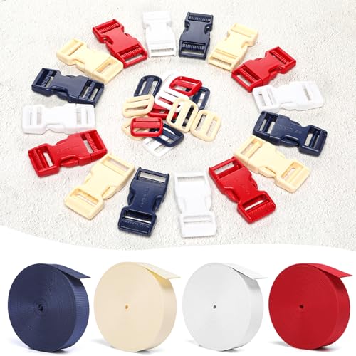 BEYOURD Buckle and Strap Set, 10 Yards Polyester Webbing Strap with 6 Pack Dual Adjustable Side Release Plastic Buckles, 12 Pieces Tri-Glide Slider Clips for Dog Collar (Everyday Series 1 Inch, Red) - color: Red