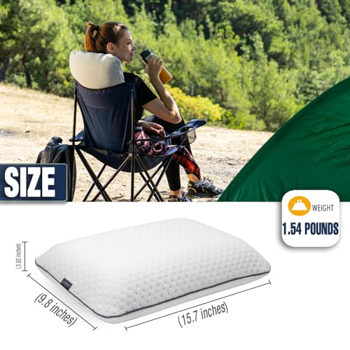 alkamto Travel & Camping Comfortable Memory Foam Pillow – Easy to Carry Portable Bag – Temperature Regulating Pillow Case - size: White Travel + Extra Cover