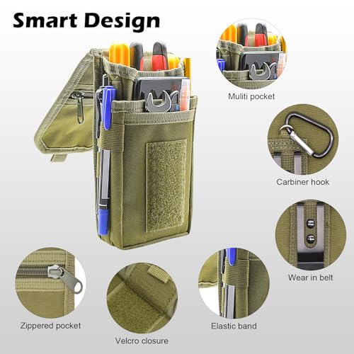 Belt Tool Pouch, Tactical Utility Organizer with Cell Phone Holder, Durable Heavy-Duty 1000D Nylon EDC Multitool Holster with Multi-Pockets for Electricians, Handymen, Work, Hiking - color: Army green