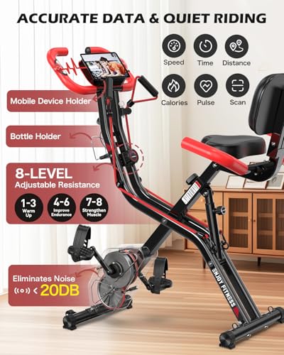 pooboo Folding Magnetic X‑Bike, Upright Exercise Bike for Home Gym | Foldable Indoor Stationary Cycling Bike, 8‑Level Resistance, 6.6 LBS Flywheel, 300 LB Capacity, Back Support Cushion - color: Black & Scarlet