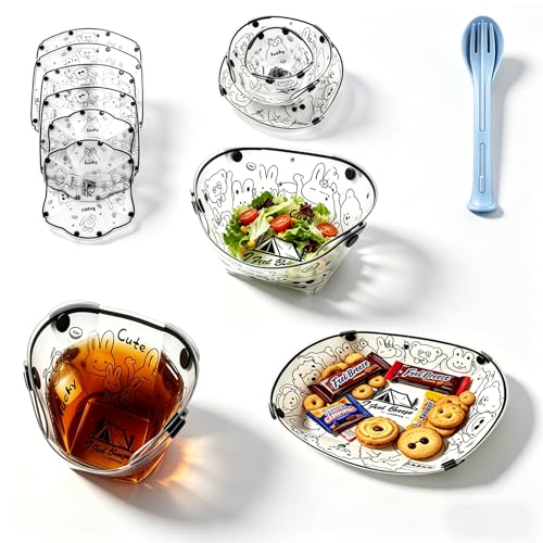 Collapsible Camping Tableware Set - 6 Pack Foldable Cups, Bowls & Plates Combo with Utensils, Lightweight, Portable, Easy to Clean & Heat Resistant for Picnic, Hiking, Travel, RV